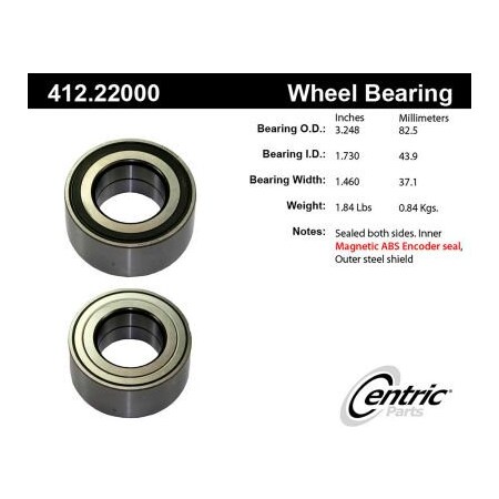 Centric Premium Double Row Wheel Bearing, Parts 412.22000 412.22